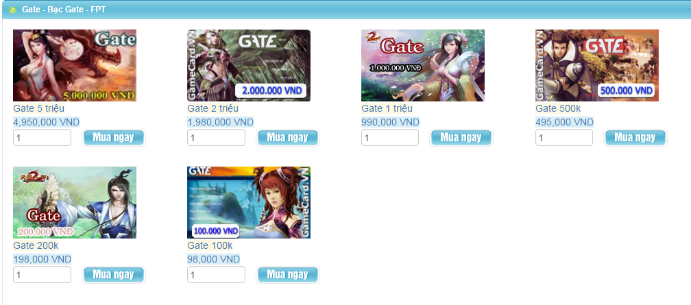 Các mệnh giá thẻ Gate bán trên Gamecard.vn